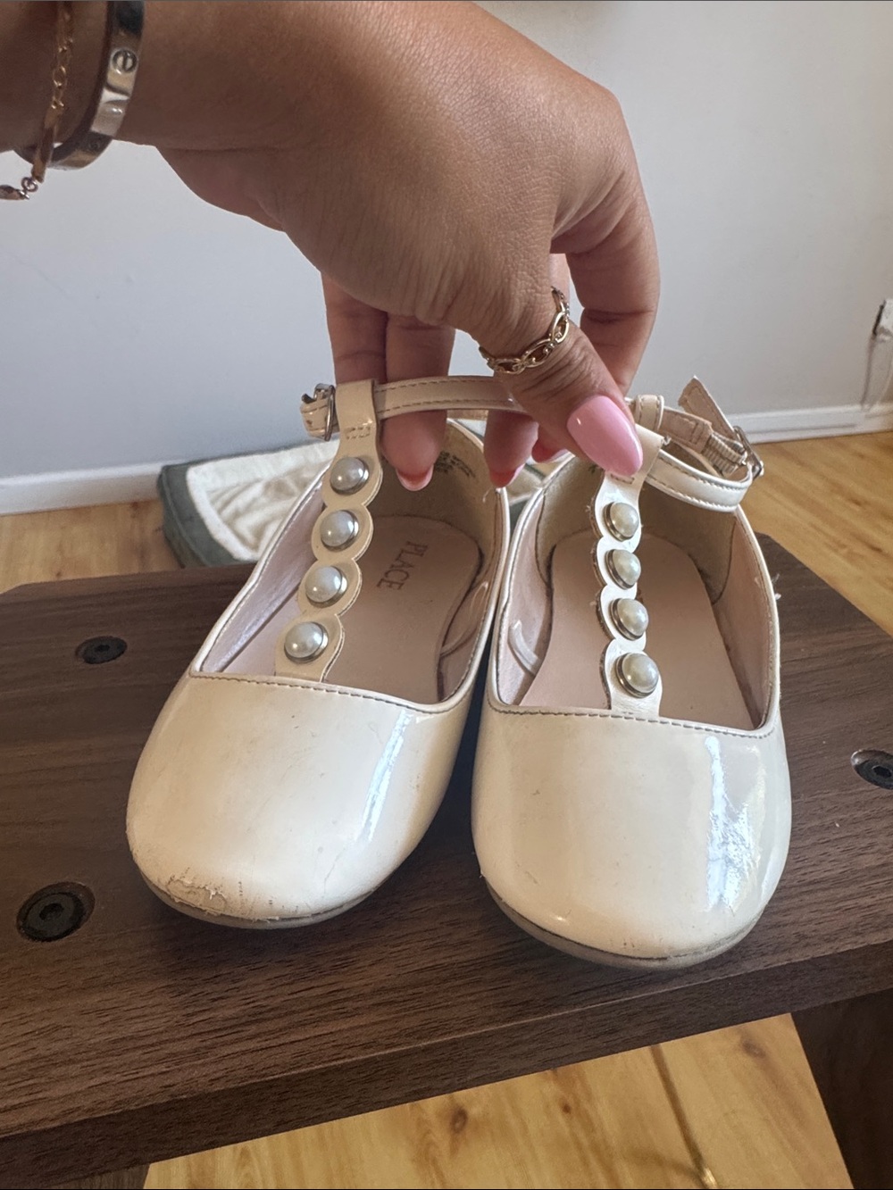 Place Ivory T-Strap Pearl Accent Girls Dress Shoes